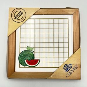 Vintage 1970s Clipper Ceramic Trivet Wall Plaque Watermelon Wood Frame‎
